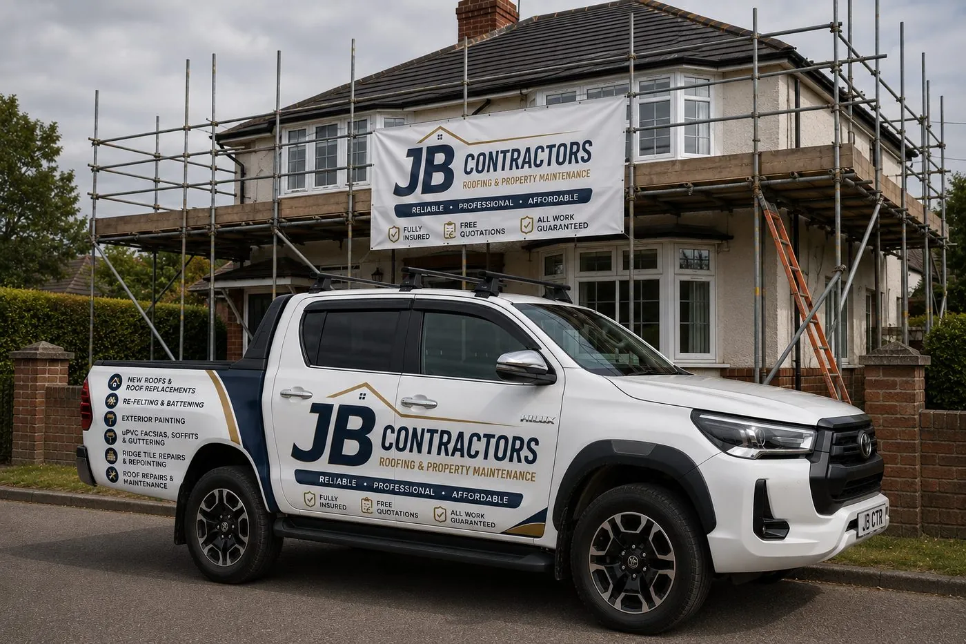 Padstow Roofing pickup truck on site at a scaffolded roofing job in Padstow